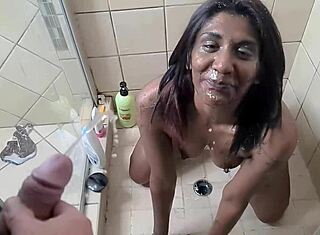 POV video of Indian girl showering and peeing with white cock